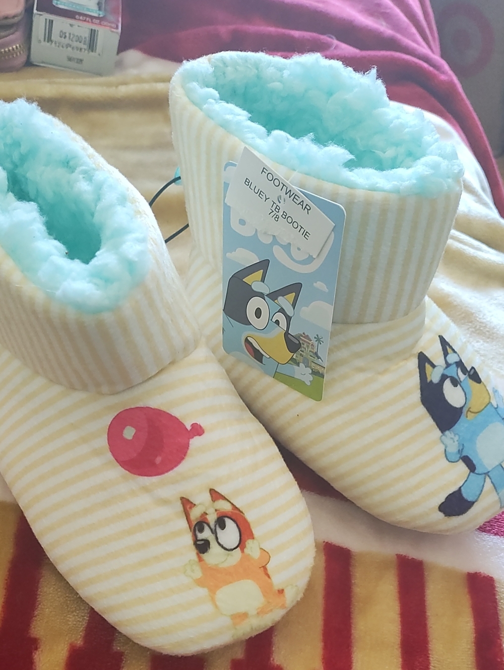 Bluey Plush Lined Baby Booties - Yellow Stripe with Aqua Lining Size 7/8